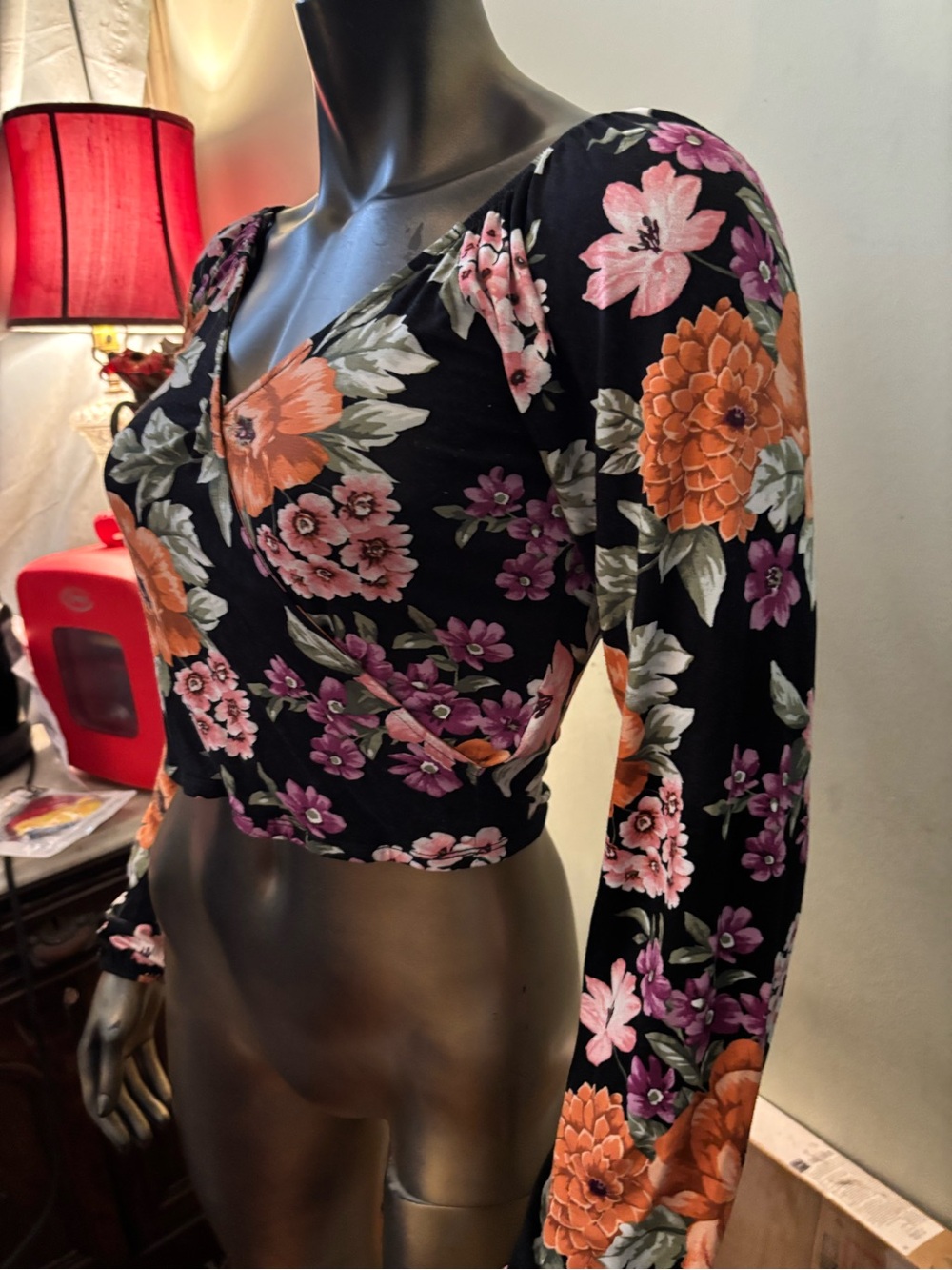 Forever 21 Black Floral Wrap Crop Top with Orange & Pink Flowers - Picture 2 of 5